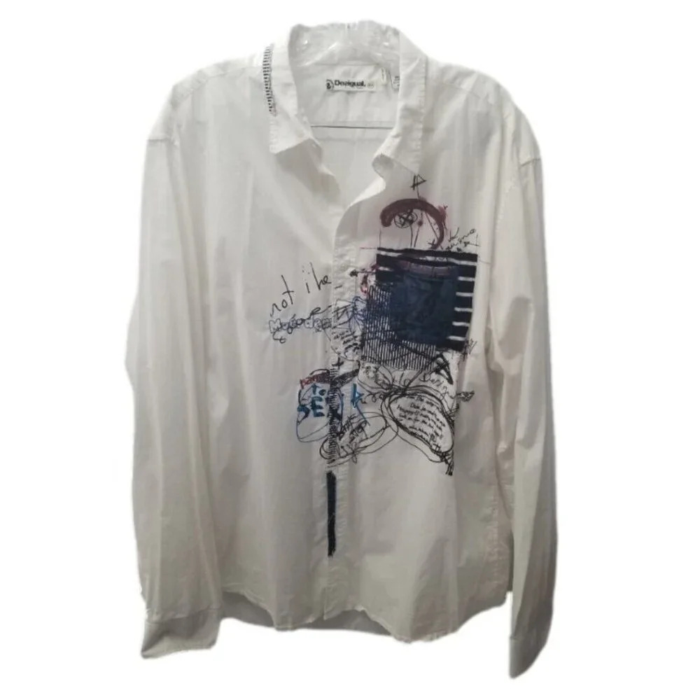 Desigual Men's White Abstract Button  Down Dress Shirt 2XL